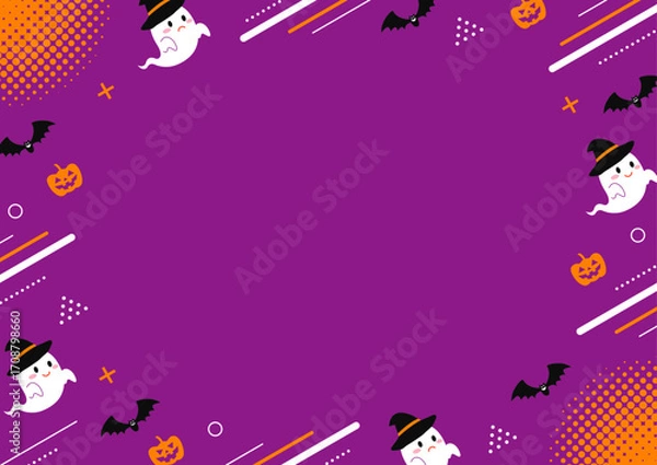 Fototapeta ハロウィンのお化けと幾何学模様の紫背景のフレームのイラスト
