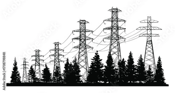 Obraz Modern electrical transmission tower vector, High voltage pylon and power line illustration, Industrial energy grid design, Utility tower silhouette and icon