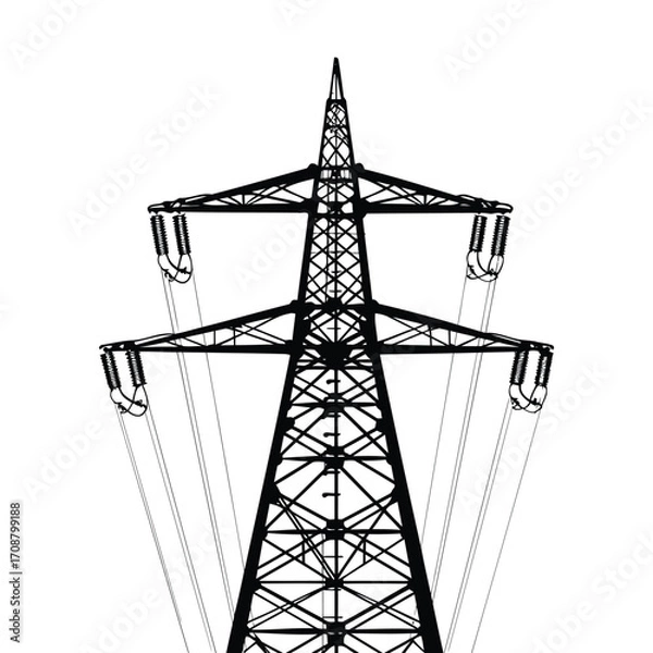Obraz Modern electrical transmission tower vector, High voltage pylon and power line illustration, Industrial energy grid design, Utility tower silhouette and icon