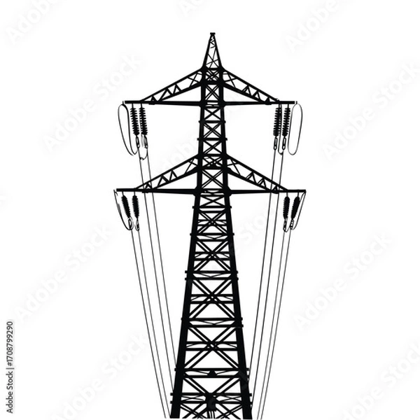 Obraz Modern electrical transmission tower vector, High voltage pylon and power line illustration, Industrial energy grid design, Utility tower silhouette and icon