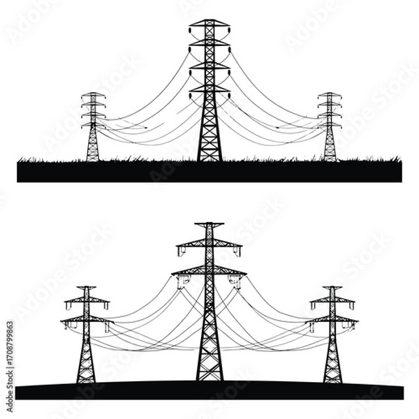 Obraz Modern electrical transmission tower vector, High voltage pylon and power line illustration, Industrial energy grid design, Utility tower silhouette and icon