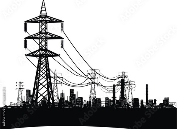 Obraz Electrical transmission tower vector illustration, high voltage power line vector, electricity pylon silhouette, energy grid infrastructure, utility tower design, industrial power distribution network
