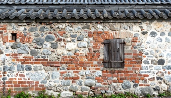 Fototapeta A rustic brick and stone wall, with a boarded window, below a tiled roof edge