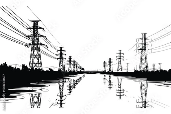 Obraz Electrical transmission tower vector illustration, high voltage power line vector, electricity pylon silhouette, energy grid infrastructure, utility tower design, industrial power distribution network