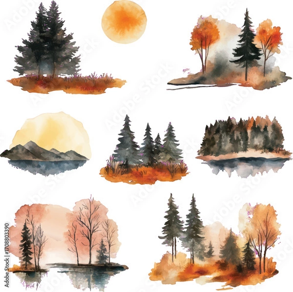 Obraz Watercolor Autumn Forest Landscapes with Sun and Water Reflections trees