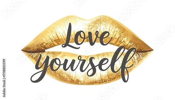 Obraz Luminous gold lips art with overlaid dark 'Love yourself' text on a white backdrop