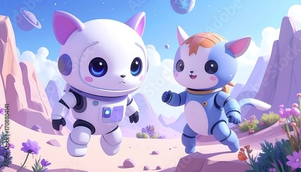 Fototapeta Two robot cats in a pastel landscape with distant planets and purple flowers
