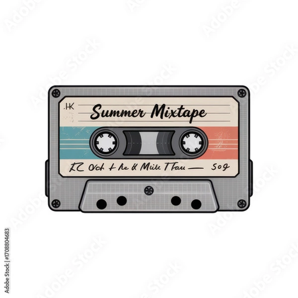 Fototapeta Vintage Cassette Tape Labeled Summer Mixtape with Retro Stripes audio cassette music isolated on a transparent background