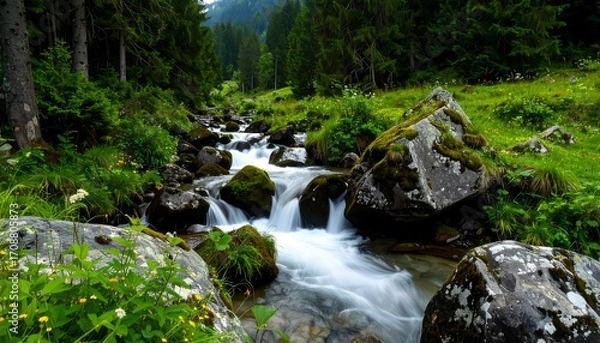Fototapeta Mountain stream cascading through lush forest