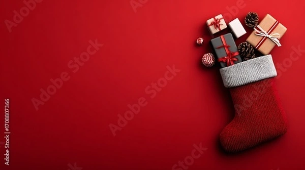 Fototapeta Festive christmas stocking overflowing with beautifully wrapped gifts and pine cones on a red background with copy space