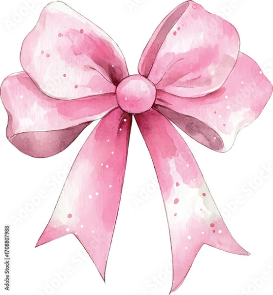 Obraz Pink watercolor bow with white polka dots on a white background ribbon