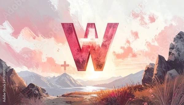 Fototapeta Landscape with soft pink skies, mountains, path and a translucent red "W" overlay