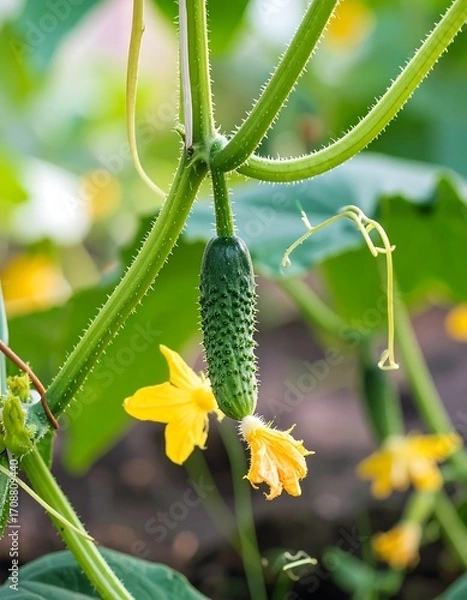 Fototapeta A vibrant cucumber hanging from a vine