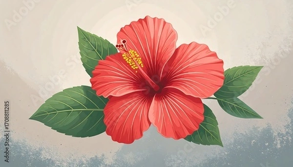 Obraz Vibrant Red Hibiscus Flower with Green Leaves on Textured Background