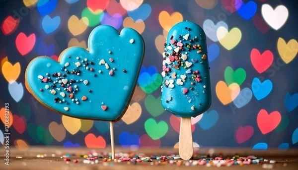 Fototapeta Blue heart cookie and popsicle with sprinkles on wooden surface and bokeh background