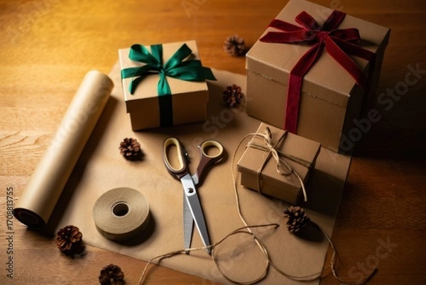 Fototapeta Wrapping christmas presents with brown paper, ribbon, and scissors