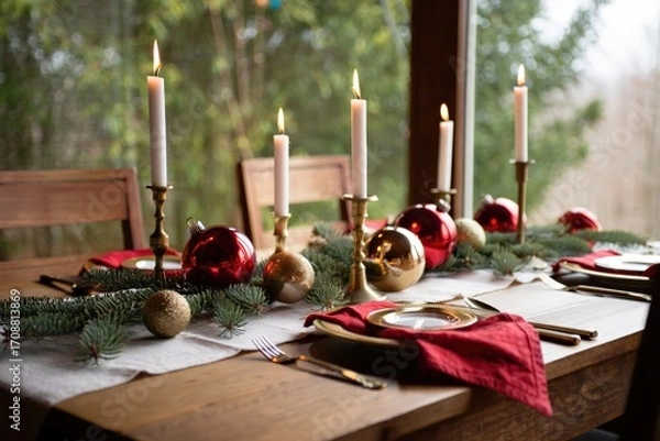 Fototapeta Christmas table setting decorated with candles, ornaments, garland, and red napkins