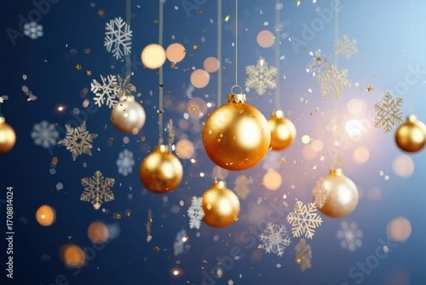 Fototapeta Golden christmas balls and snowflakes hanging on blue background