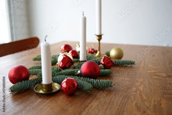 Fototapeta Christmas table setting with candles, ornaments, and pine branches creating festive atmosphere