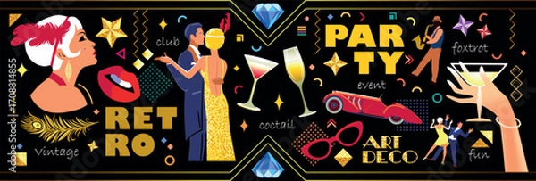 Obraz Bold retro party illustration with vibrant dancing couples, jazzman, vintage car,  lips, cocktails, diamonds and glittering stars. Perfect for event poster and retro designs. Handmade drawing vector.