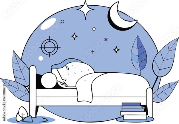 Obraz Flat Isometric Sleep Wellness with Bed, Moon, and Stars Illustration