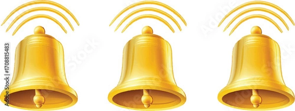 Obraz Three Golden Bells Ringing with Sound Waves on a White Background vector illustration