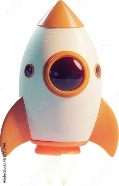 Obraz Cartoon Rocket Ship Launching with Orange Fins and Glowing Engines on a White Background spaceship