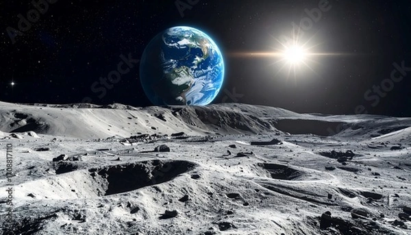 Obraz Earthrise over Lunar Landscape: Stunning View of Planet Earth from Moon's Surface