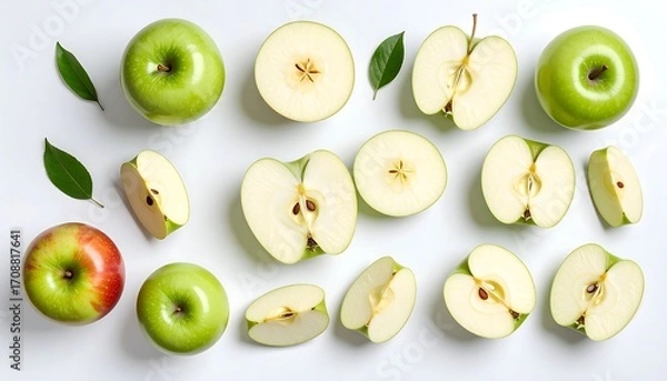 Fototapeta Fresh green and red apples arranged in a pattern on a white surface