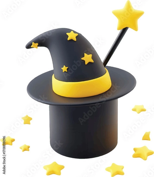 Obraz Black wizard hat with yellow stars and a yellow band with a magic wand on a white background Keywords: wizard, magic, hat, stars, yellow, black, wand, spell