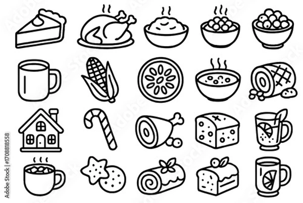 Fototapeta Food and drink linear icons set. featuring pie, turkey, rice, beans, bowl, mug, corn, citrus, soup, ham, and cheese