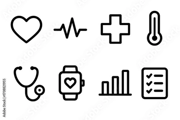 Obraz Medical health linear icon set. featuring heart, pulse, cross, thermometer, stethoscope, smartwatch, chart, checklist