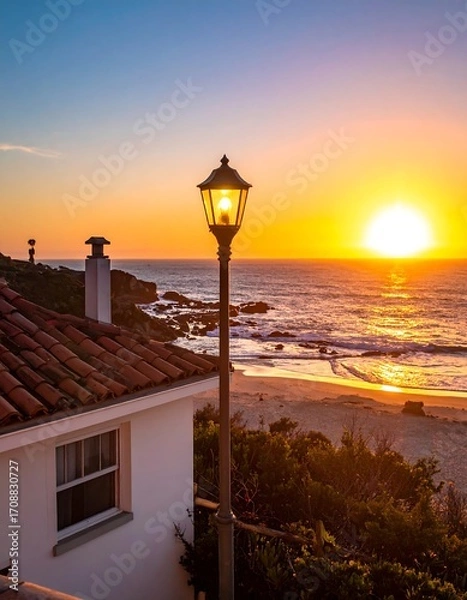 Obraz Coastal sunset scene with lamp post