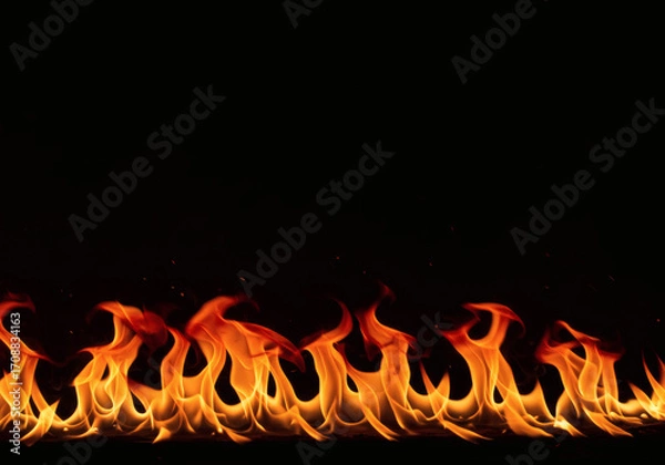 Fototapeta Horizontal Line Of Realistic Fire Flames On Black Background For Heat, Danger, And Energy Concepts