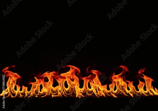 Fototapeta Horizontal Line Of Realistic Fire Flames On Black Background For Heat, Danger, And Energy Concepts