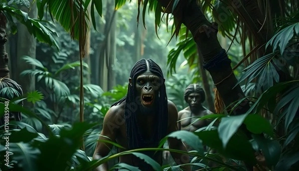 Fototapeta A depiction of hominids in a lush jungle environment with dense foliage and a sense of primal existence on transparent background