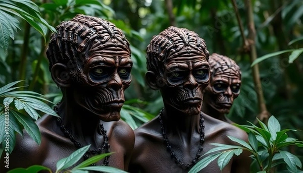 Fototapeta Three figures with dark skin and intricate head designs stand in a lush green jungle setting outdoors on transparent background