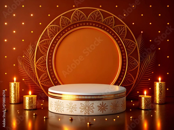 Fototapeta A festive podium scene with a round central stage featuring a decorative golden circular frame as the backdrop