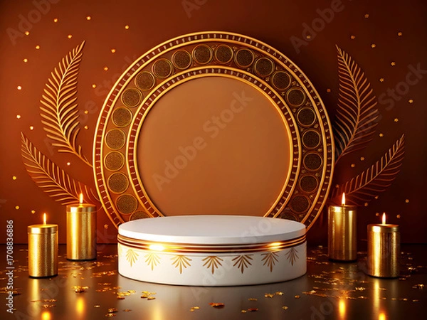 Fototapeta A festive podium scene with a round central stage featuring a decorative golden circular frame as the backdrop