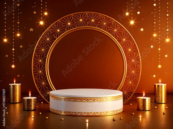 Fototapeta A festive podium scene with a round central stage featuring a decorative golden circular frame as the backdrop