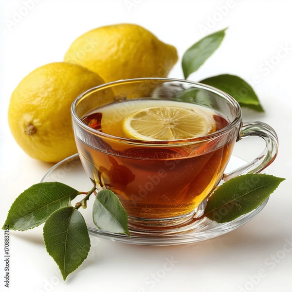 Fototapeta Glass teacup, filled with cup of tea, surrounded by lemons and leaves, placed on saucer, isolated on white background.