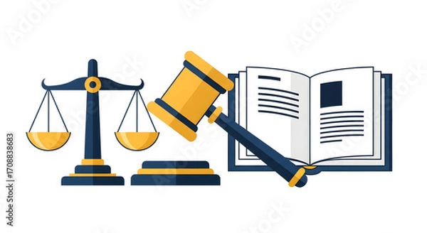 Fototapeta Illustration of a gavel, scales of justice, and an open law book, symbolizing legal concepts, justice system, and the importance of law in society and governance