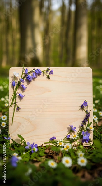 Fototapeta Wooden board adorned with vibrant wildflowers, placed on a lush green forest floor, surrounded by blooming daisies, creating a serene and natural atmosphere for creative projects