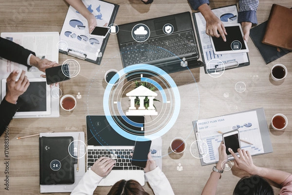 Fototapeta A global FinTech and digital banking network technology concept. A central financial system connected to the worldwide digital economy and services. Motif
