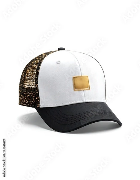 Fototapeta White baseball cap with black brim and gold square patch, mesh back