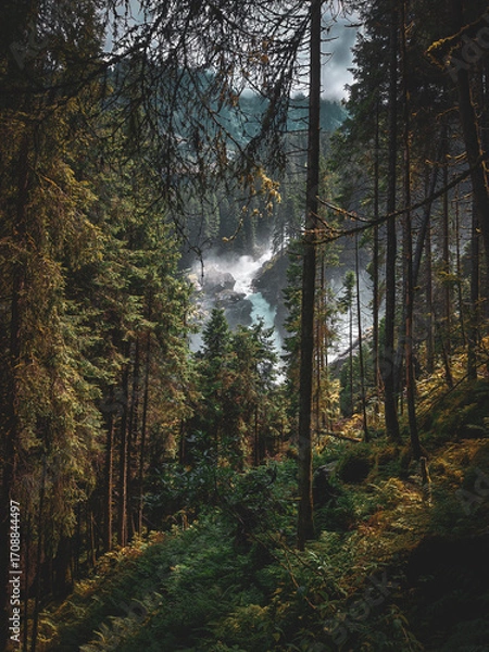 Fototapeta Krimml, Austria - 08-06-2025 : Wide shot of a waterfall, shot from a distance, forest in foreground