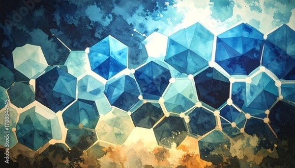 Fototapeta Abstract hexagons in shades of blue and gold, interconnected, textured background