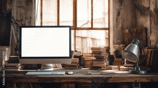 Fototapeta Desktop Computer with Blank Screen on Rustic Desk in Industrial Loft