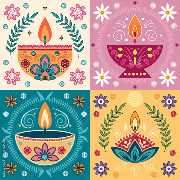 Obraz Colorful Diwali Diya Art Illustration – Decorative Oil Lamps with Floral and Festive Elements for Diwali greeting cards, festive invitations, posters, banners, social media etc