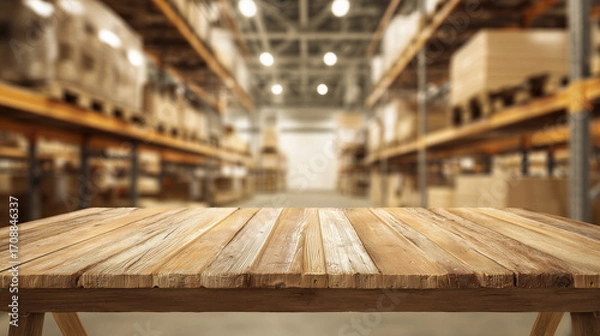 Fototapeta Wooden Tabletop with Copy Space and Blurred Warehouse Background